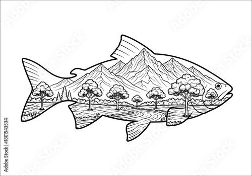 Intricate double exposure of mountain landscape in fish silhouette