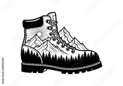 Nature inspired hiking boot design with mountain and forest scenery
