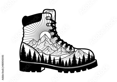 Mountain adventure boot with forest and peaks in retro style