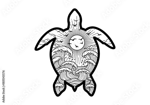 Intricate sea turtle design with ocean waves and sunburst in detailed line art