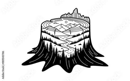 Nature landscape on tree stump with mountains and river in monochrome art style