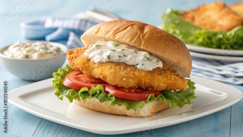 Classic fried fish sandwich with fresh vegetables and tartar sauce, ideal for food delivery menus or restaurant catalog imagery
