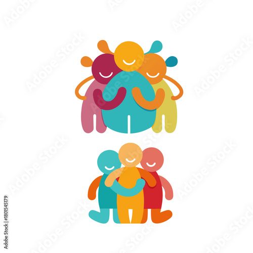 Cartoon vector illustration of a smiling family of four with two children, a baby, and a pet dog