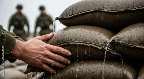 Man builds protective sandbag wall against flood. Military soldier constructs barrier against natural disaster. Emergency defense concept.