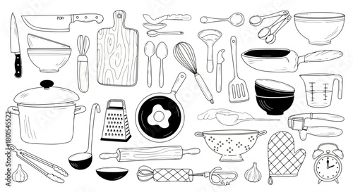 Collection of kitchen utensils and cooking equipment