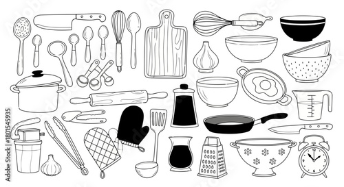 Collection of kitchen utensils and cooking equipment