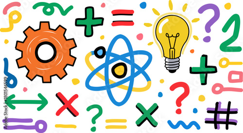 Vibrant hand-drawn STEM doodle featuring science symbols, math operators, engineering gear, and a bright idea bulb, representing learning, innovation, creativity, and problem-solving.