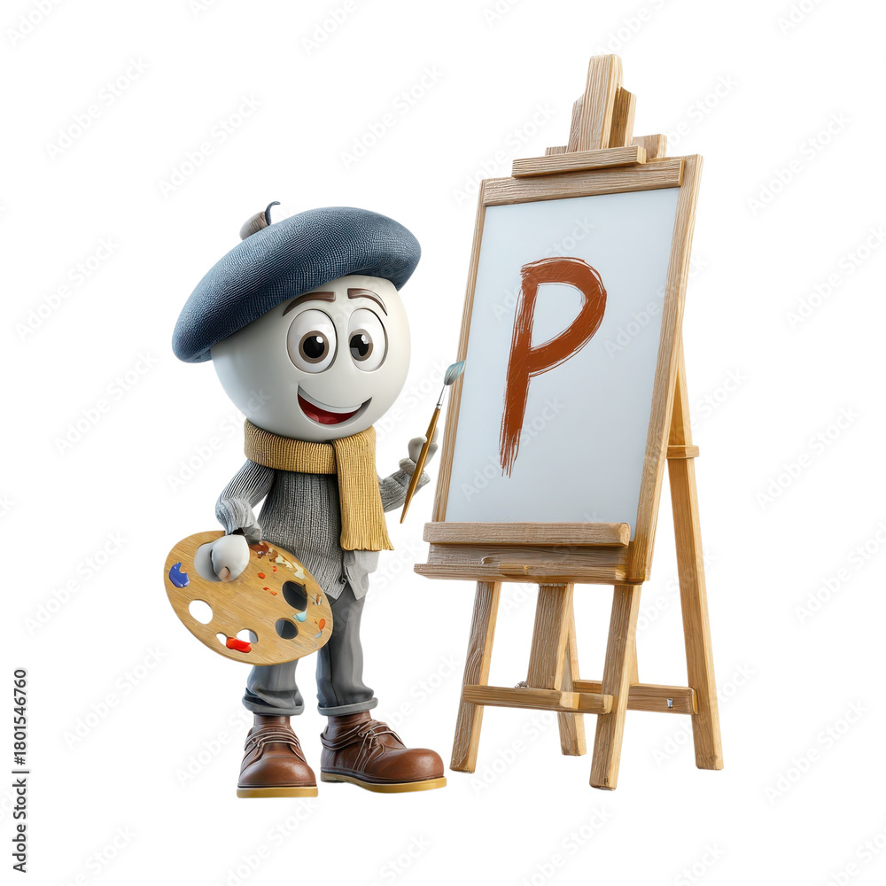 Fototapeta premium 3D cartoon painter holding palette next to easel with letter P isolated on Transparent Background
