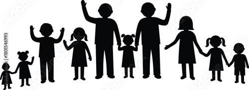 Family silhouettes, children and adults, unity concept, diverse group, community bonding, social connection, demographic illustration, togetherness, parenting, generational support