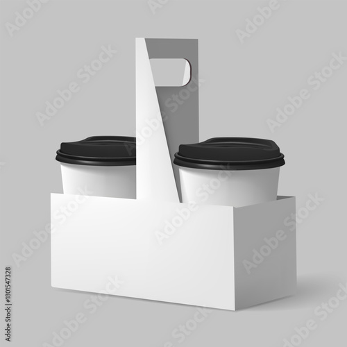Takeaway drink holder with a cut-out handle. Coffee cups in a carry-on box. Realistic vector mockup for branding. Design template.