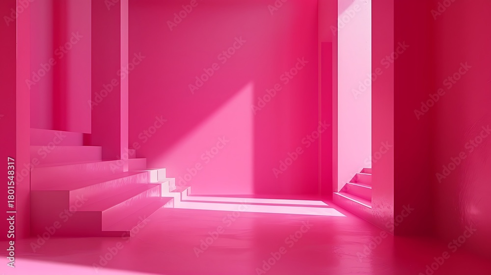 Obraz premium A pink room with stairs and a light shining through the window creating shadows on the walls