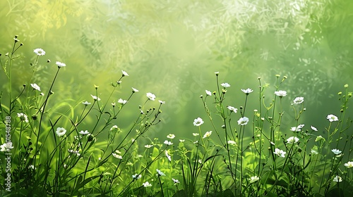 Fototapeta Naklejka Na Ścianę i Meble -  Close up view of white flowers and green grass with a blurred green background in a meadow scene