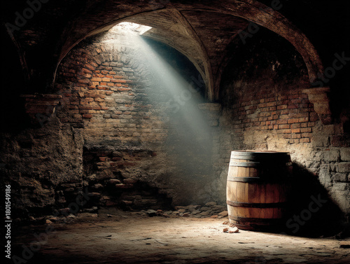 Oak wine barrel in a dark c...