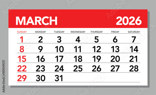 Modern Red and White March 2026 Wall Calendar Layout