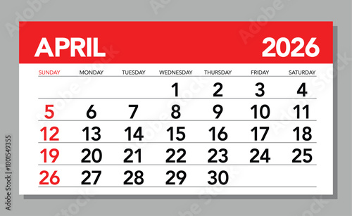 Modern Red and White April 2026 Wall Calendar Layout