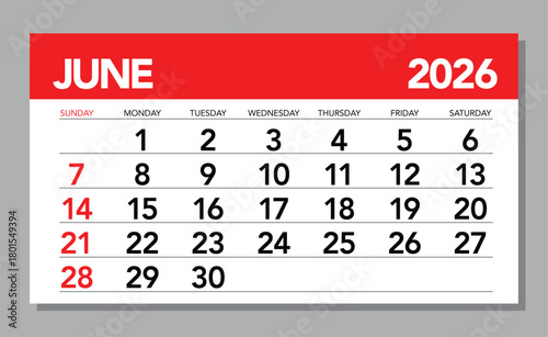 Modern Red and White June 2026 Wall Calendar Layout