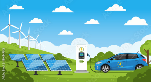 Sustainable energy charging a futuristic electric car with solar panels and wind turbines in a green landscape
