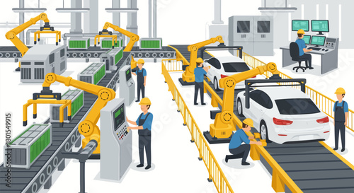 High-Tech Automated Manufacturing Facility with Robotic Arms and Human Workers Collaborating on a Production Line for Efficient Assembly Processes