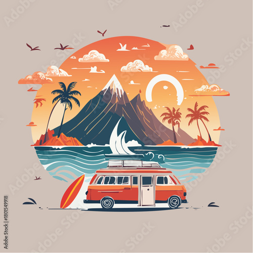 Scenic Beach Getaway Colorful Sunset Scene Featuring a Camper Van, Surfboard, Palm Trees and Ocean