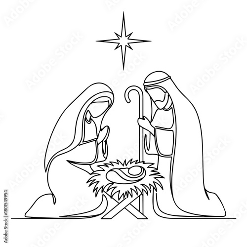 Nativity scene continuous line illustration depicting holy family with baby Jesus, Mary, and Joseph under star of Bethlehem. Nativity scene continuous line represents sacredness of Christmas.
