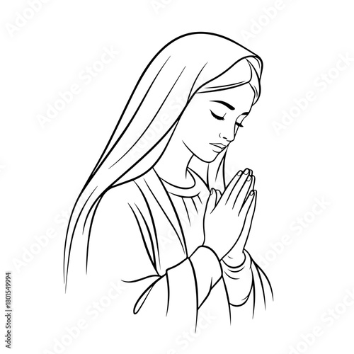 Praying Mary line art shows devotion in religious illustration, complete with sacred iconographic elements. Praying Mary, a blessed mother, presents ethereal beauty, reflecting grace.