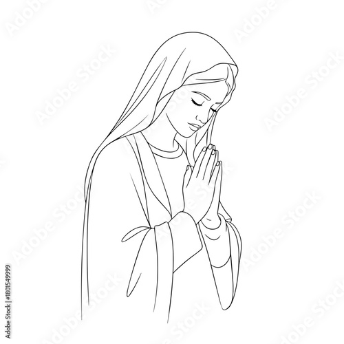 Praying Mary line art showing virgin with hands clasped in solemn reverence, drawn in delicate strokes. Praying Mary line art is perfect for evoking spirituality and devotion in religious materials.