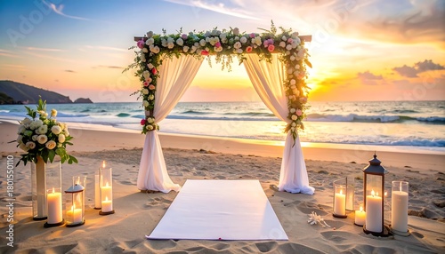 Beach wedding setup floral arch, white aisle runner, candles, lantern at sunset with ocean and golden sky in background