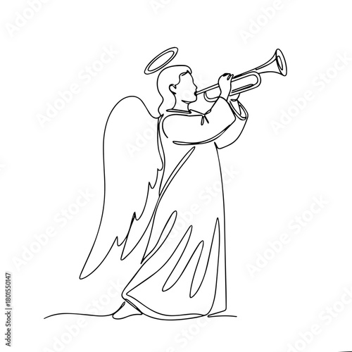 Angel announcing the birth with delicate line art portraying angelic figure playing trumpet, announcing arrival, and spreading message. Angel announcing birth depicted in minimal line style.