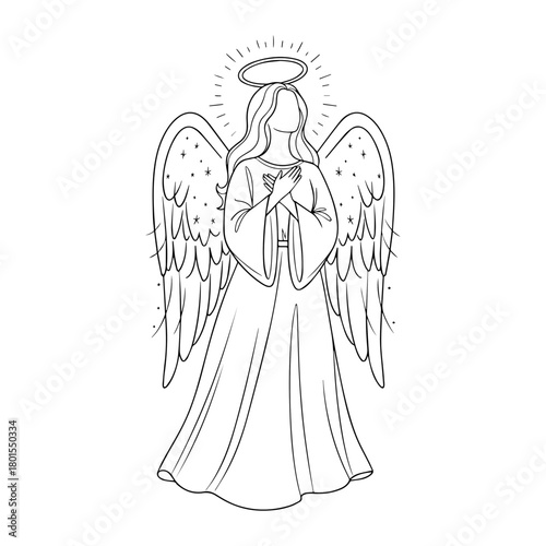 Christmas angel line art stands as symbol of peace and goodwill during holiday season. Christmas angel, outlined with delicate detail, features flowing gown and radiant halo.