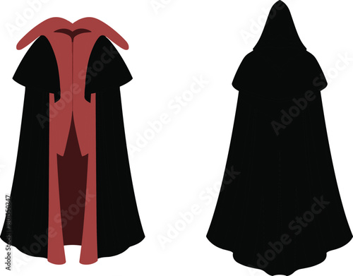 Fantasy hooded cloak illustration, black ceremonial robe with red lining, medieval costume design, pointed hood, layered cape, character outfit