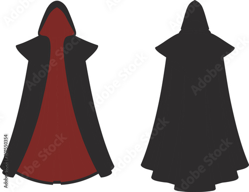 Fantasy cloak, black hooded robe, mysterious costume, medieval garment, dramatic cape, gothic fashion, cosplay outfit, wizard cloak, dark attire, enchanted look