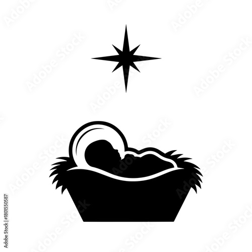 Jesus in manger silhouette line illustration with star of Bethlehem, a minimalist graphic depicting baby Jesus in manger silhouette line.