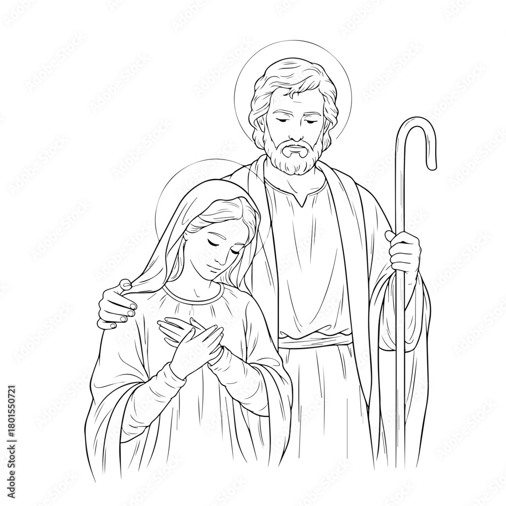 Obraz premium Mary and Joseph line drawing illustration depicting biblical scene with halos, creating a serene and reverent portrayal. Mary and Joseph line drawing showcases the figures in simple yet elegant lines.