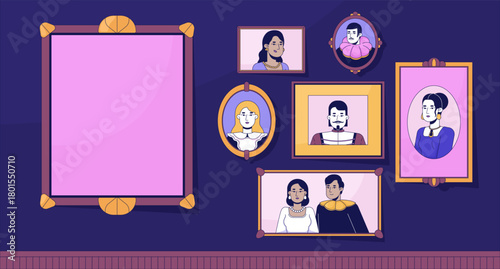 Wall gallery of framed portraits with empty frame flat illustration background. Aristocratic family. Baroque renaissance people. Noble lineage 2D cartoon backdrop. Colorful scene vector art image