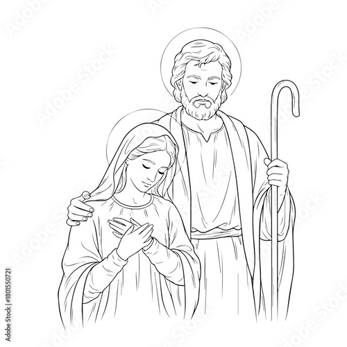Mary and Joseph line drawing illustration depicting biblical scene with halos, creating a serene and reverent portrayal. Mary and Joseph line drawing showcases the figures in simple yet elegant lines.
