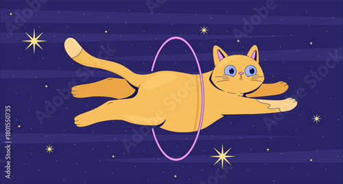 Orange cat leaping through hula hoop in space lofi wallpaper. Whimsical celestial kitty jumping through portal sci-fi 2D cartoon flat illustration. Vector art image lo fi aesthetic color background
