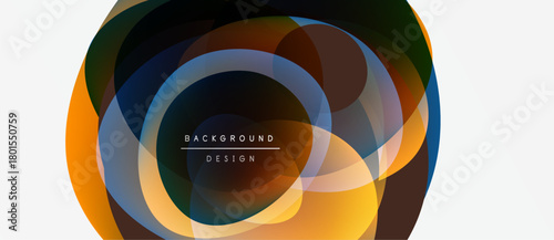 Abstract circles overlap, creating vibrant color gradients. Design features text background design within central shape. Modern, dynamic composition.
