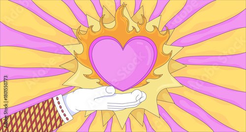 Hand offering flames heart with radiating light lofi wallpaper. Surreal symbolism. Y2K passion groovy love burning rays 2D cartoon flat illustration. Vector art image lo fi aesthetic color background