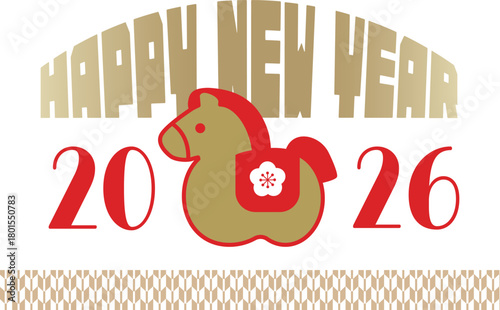 午年のベクター年賀状、かわいい馬の置物、金と赤	