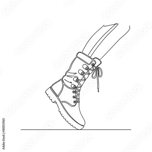 Person lifting leg in lace-up winter boot one line minimalist style