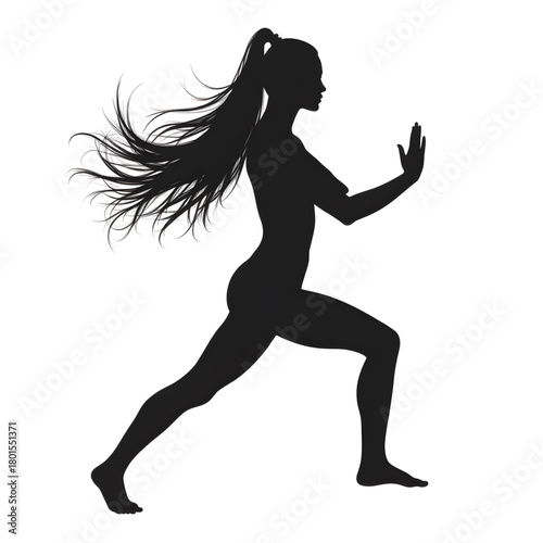 Silhouette of Dynamic Movement: A graceful silhouette captures a woman's active energy, her hair flowing, and her form radiating strength and poise.