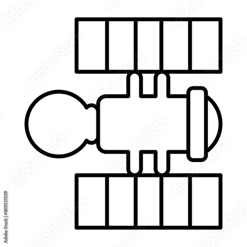 Satellite with solar panels and telescope thin line icon, space exploration concept. Vector graphics. Space satellite sign on white background, style icon mobile or web design.