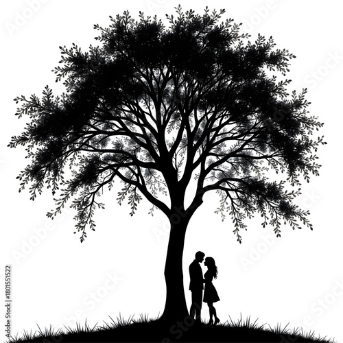 Eternal Silhouette: A tender moment of affection unfolds beneath the boughs of an ancient tree, silhouetting a couple's intimate embrace against a backdrop of nature's timeless elegance.