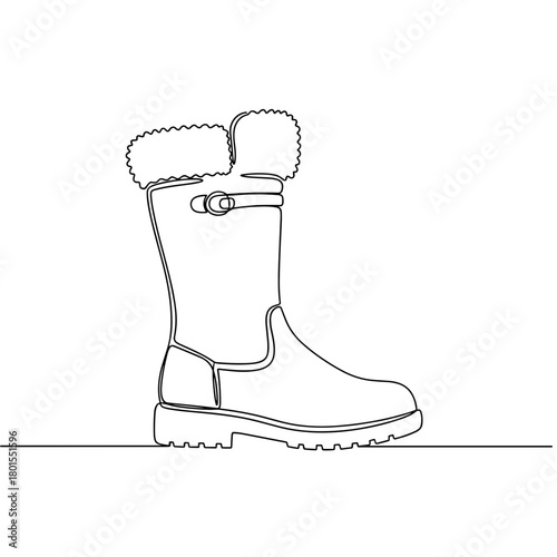 Fur-trimmed winter boot in one line minimalist style on white background