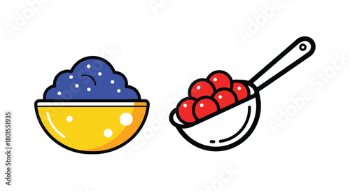 Bowl of blue dessert and spoon with red boba balls vector illustration