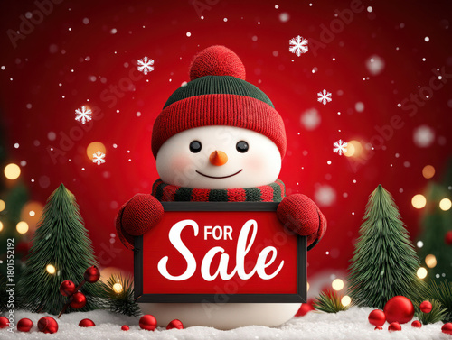 Snowman with "For sale" sign