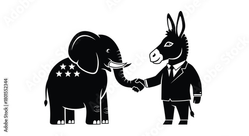 Political cartoon of republican elephant and democrat donkey shaking hands