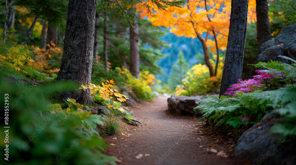 Fototapeta premium Serene autumn forest pathway with vibrant foliage and sunlit flora