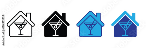 Set of home icons with a martini glass inside, symbolizing home bar, alcohol at home, and beverage service, presented in four styles.