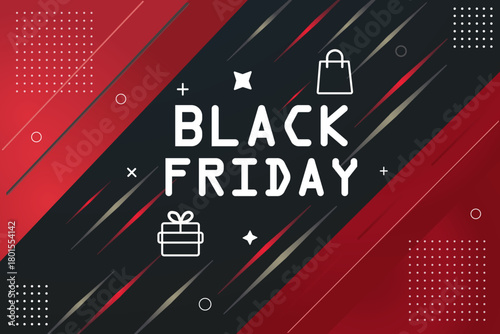 Black Friday sale banner with gift box and shopping bag on a red and black background